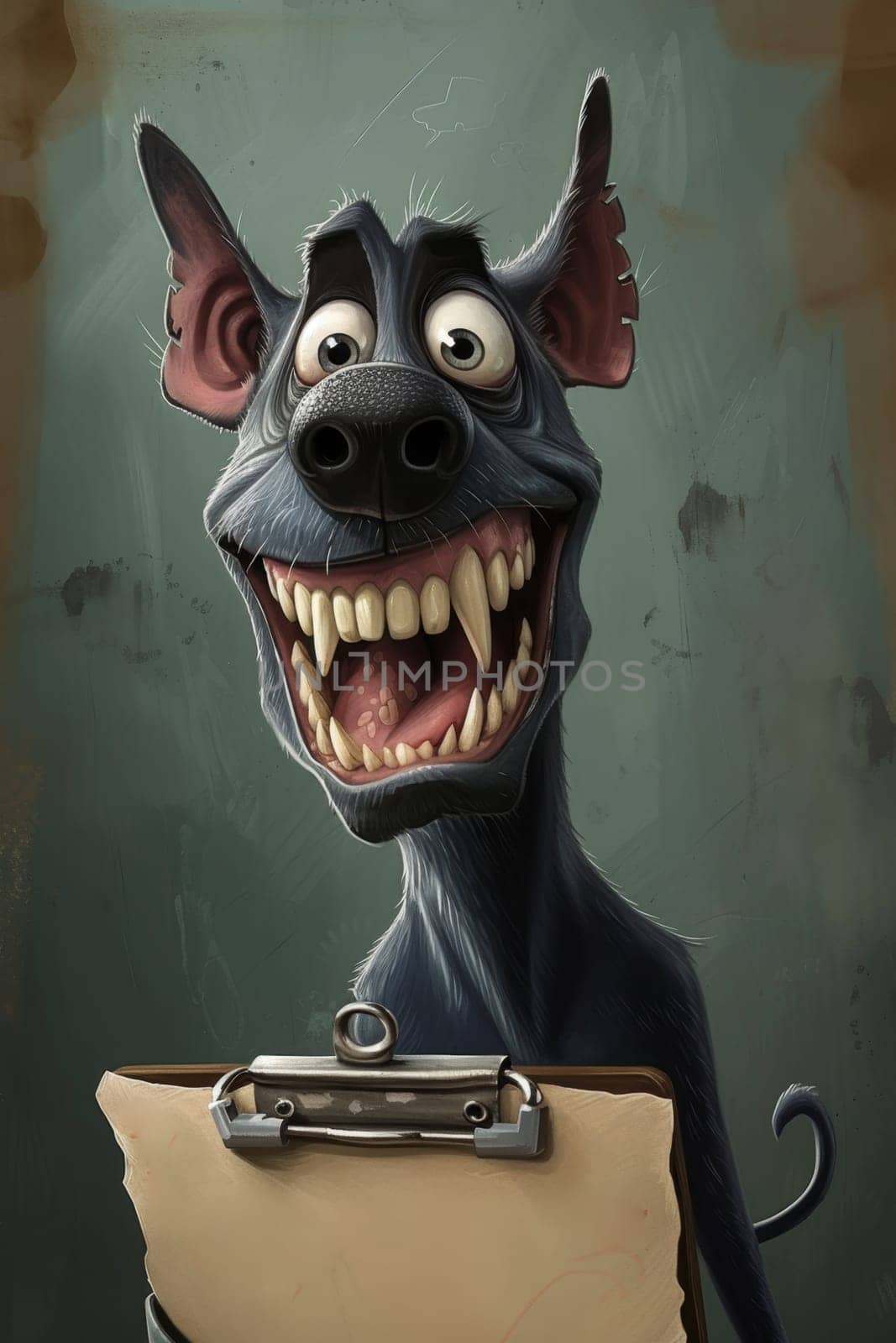 A cartoon character of a funny toothy dog with a piece of paper. 3d illustration.