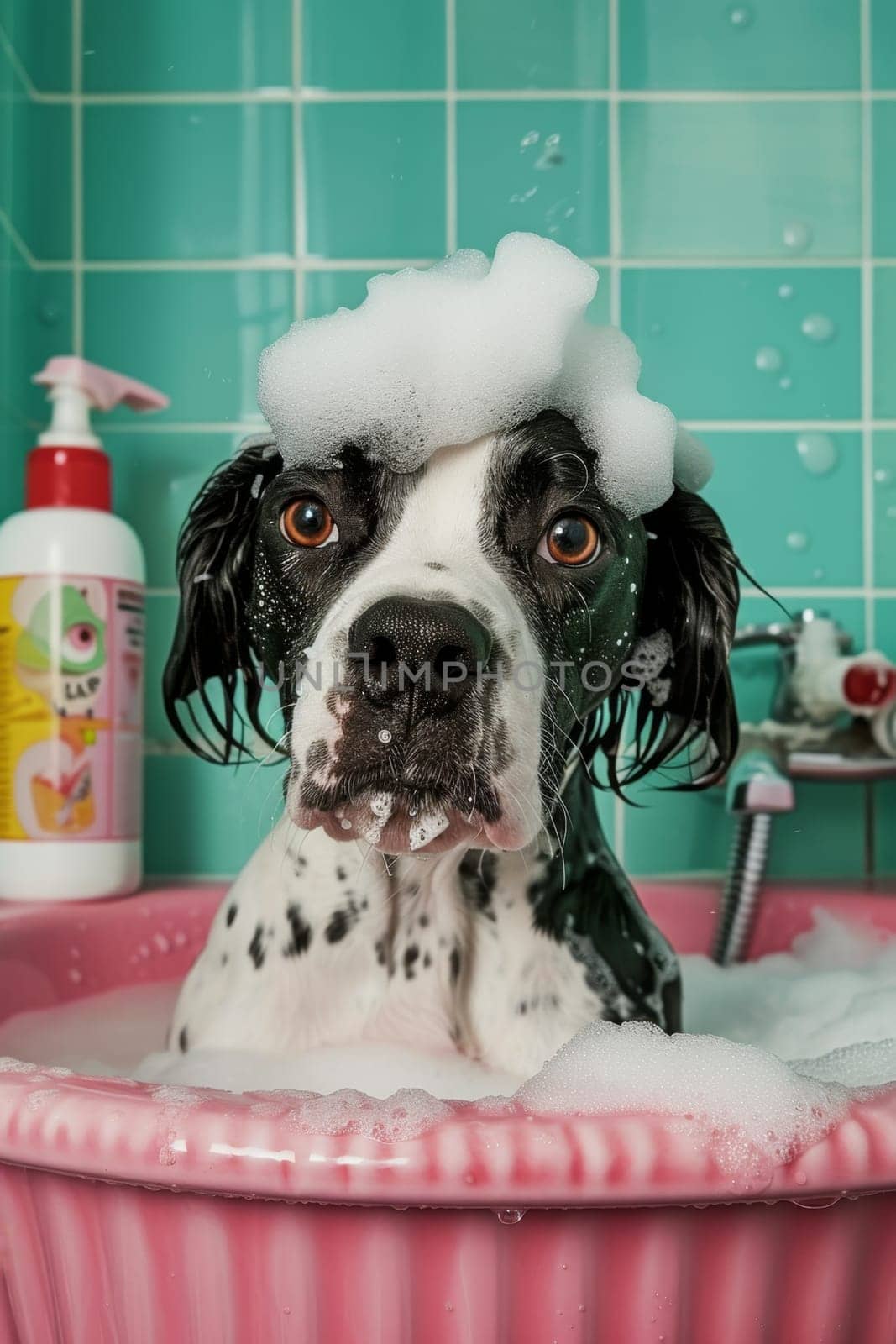 the dog is wet in the tub with foam on his head. Pets are washed.