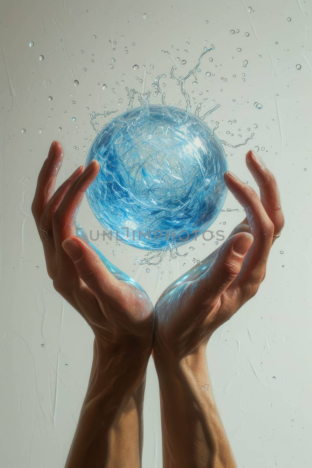 A blue energy ball in the hands of a man on a gray background