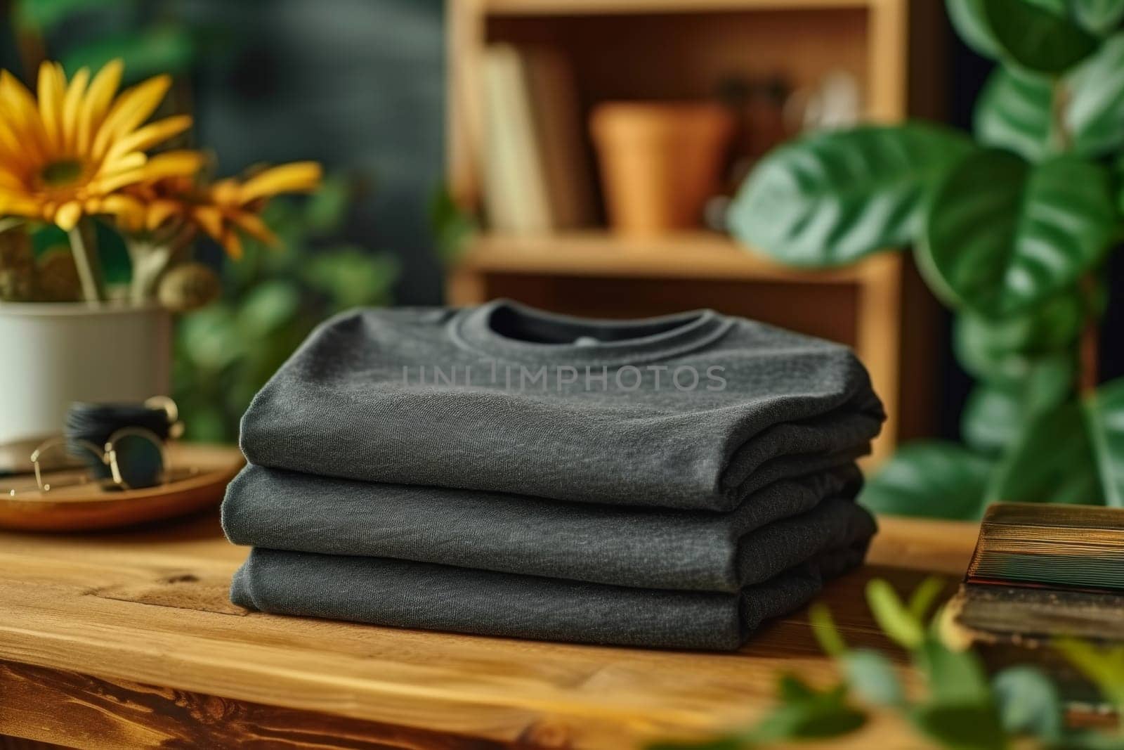 Stacked black T-shirts are on the table in the store. lifestyle concept.