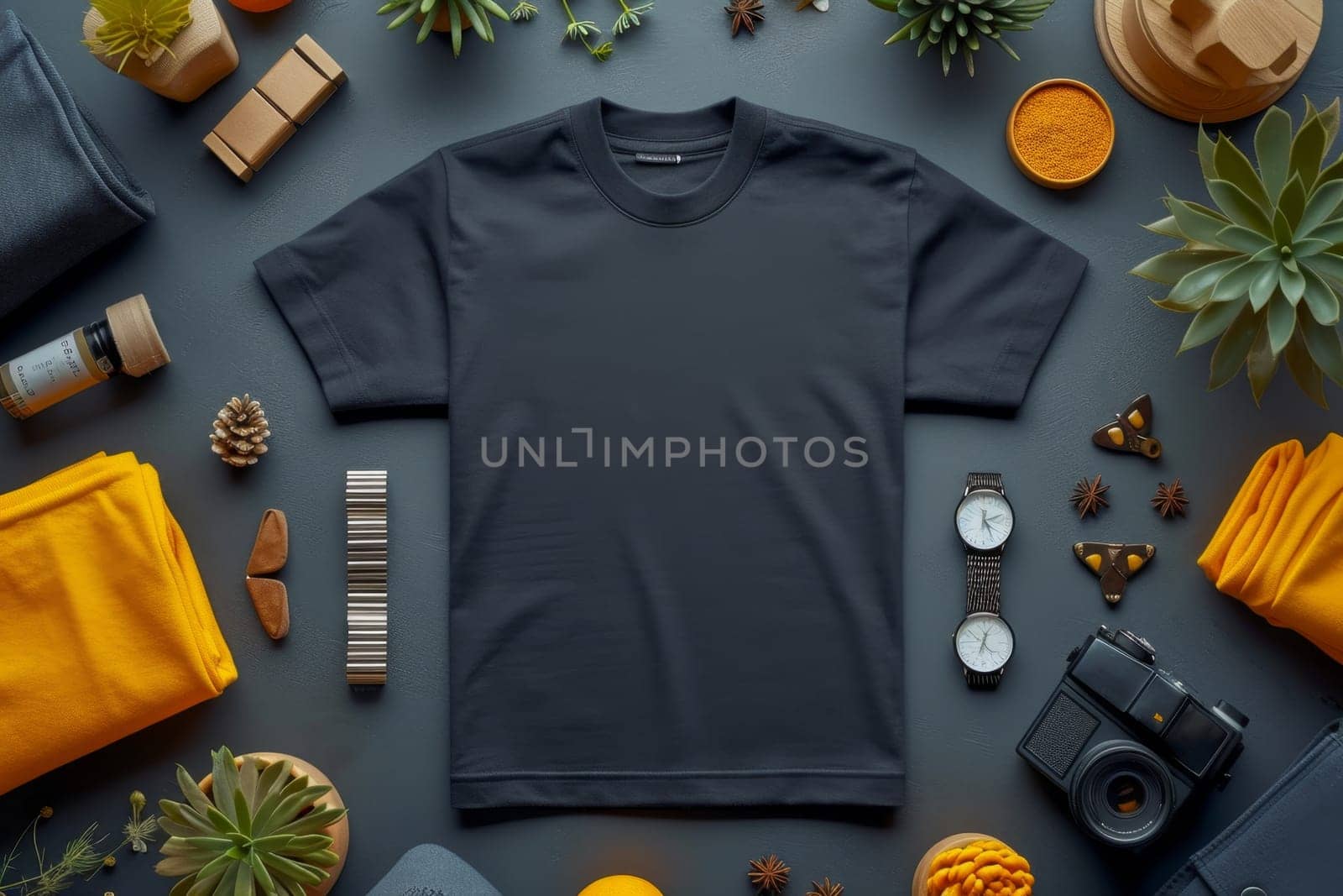 A mock-up of an empty black T-shirt with accessories on the table. lifestyle concept.