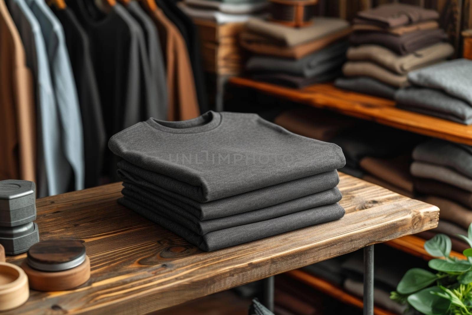 Stacked black T-shirts are on the table in the store. lifestyle concept.