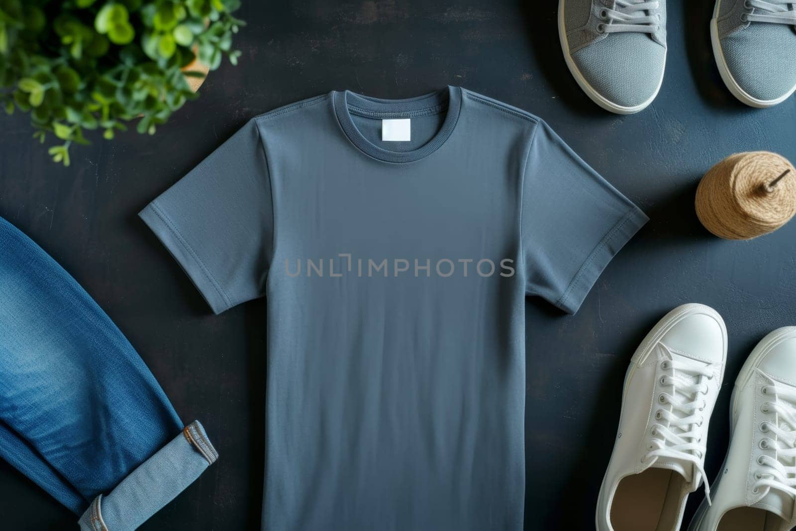 A mock-up of an empty black T-shirt with accessories on the table. lifestyle concept.