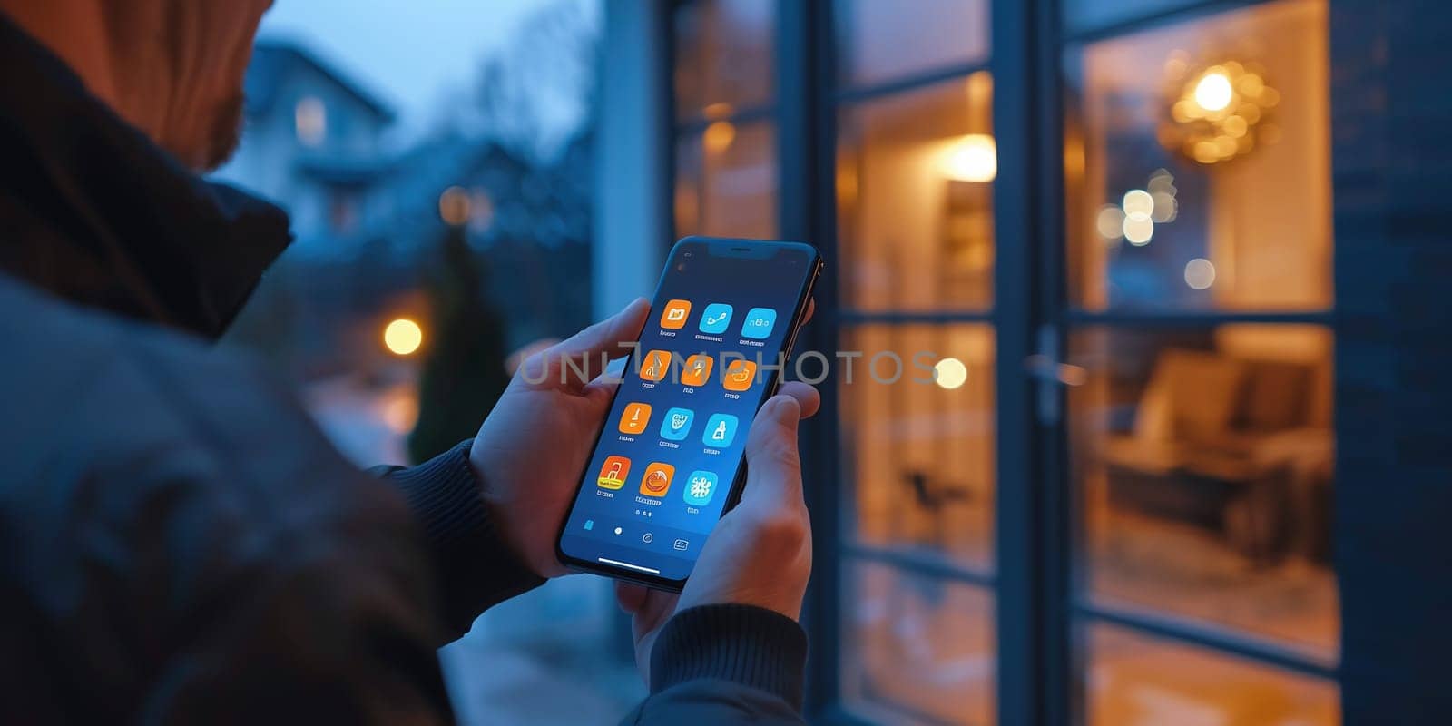 smart house, home automation, device with app icons. Man uses his smartphone with smarthome security app to unlock the door of his house. by Andelov13