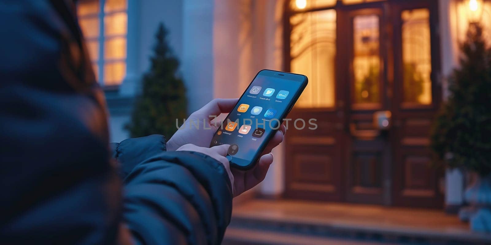 smart house, home automation, device with app icons. Man uses his smartphone with smarthome security app to unlock the door of his house. High quality photo