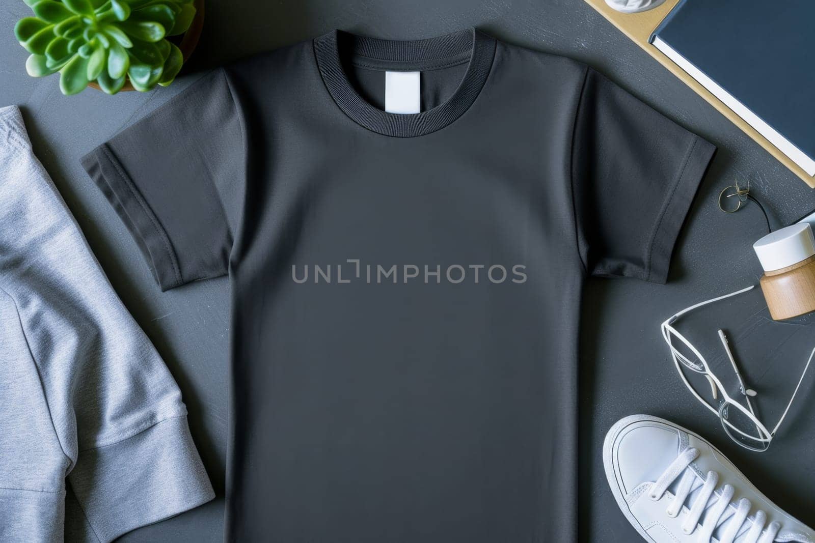 A mock-up of an empty black T-shirt with accessories on the table. lifestyle concept.