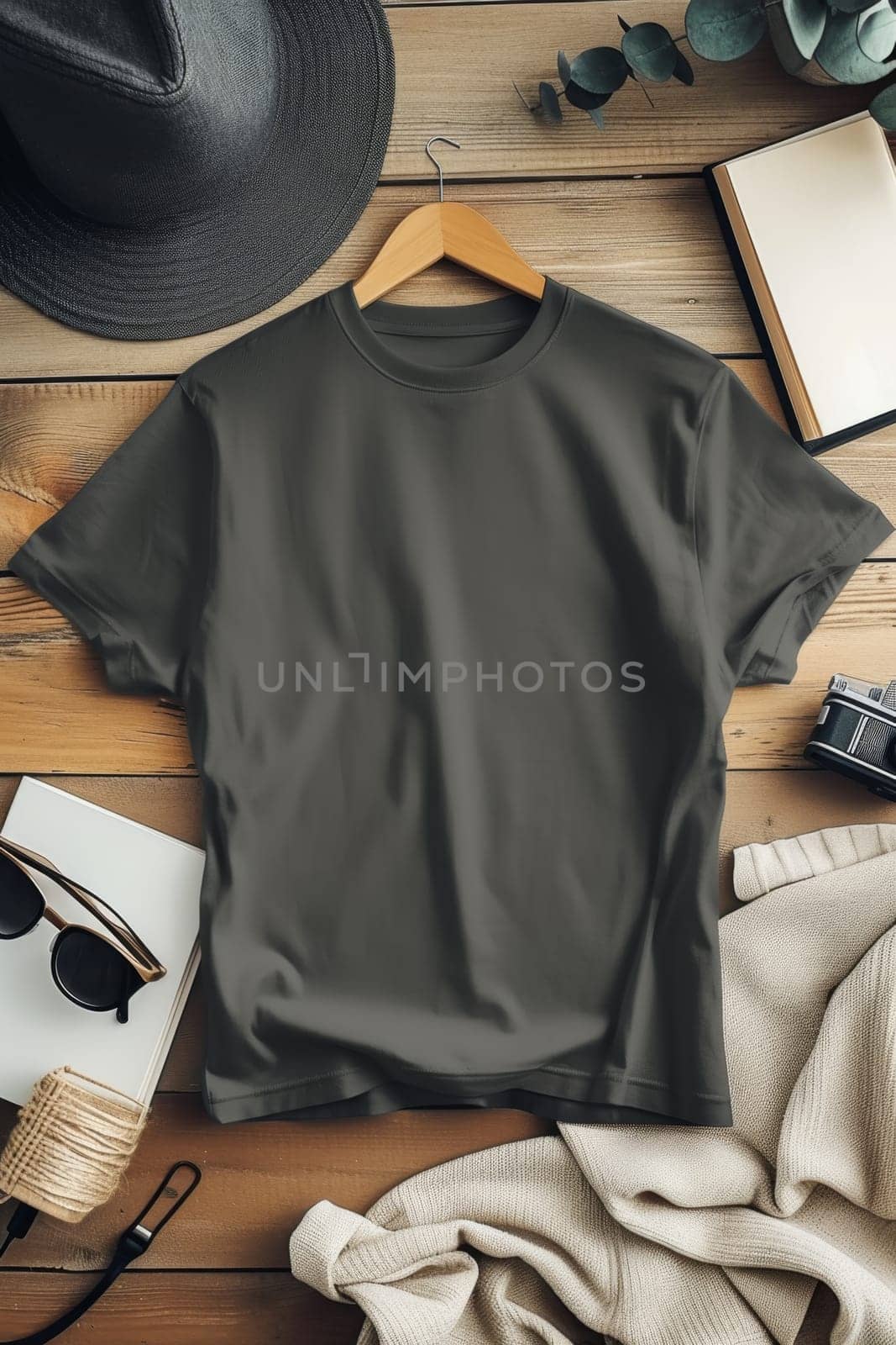 A mock-up of an empty black T-shirt with accessories on the table. lifestyle concept by Lobachad