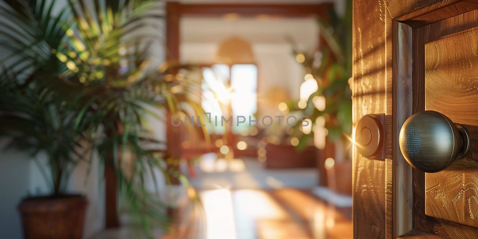 Wooden door with doorknob on blurred background by Andelov13