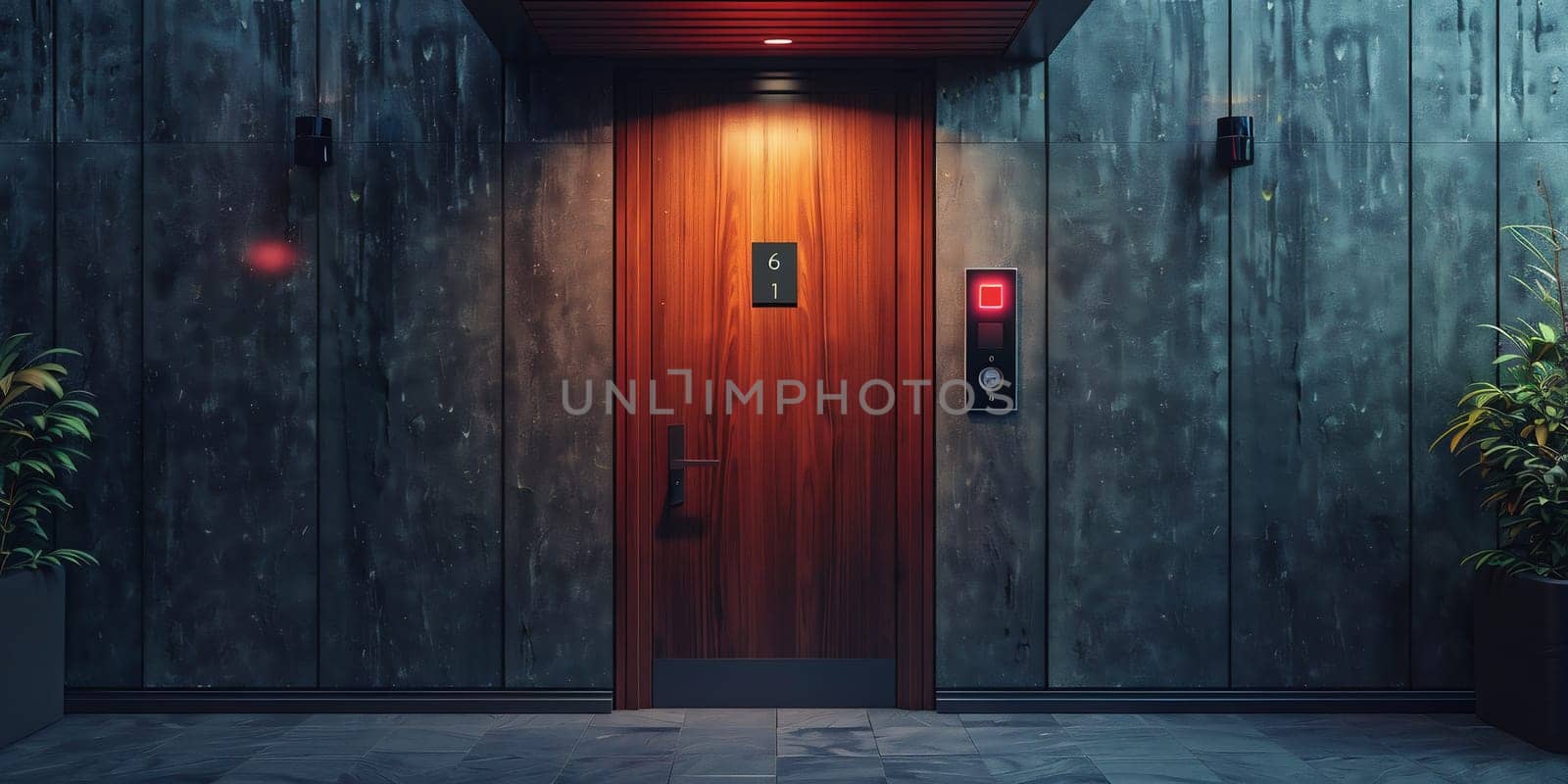 Massive wooden entrance door to modern white house with paving footpath in the city. New, modern architecture, exterior design. High quality photo