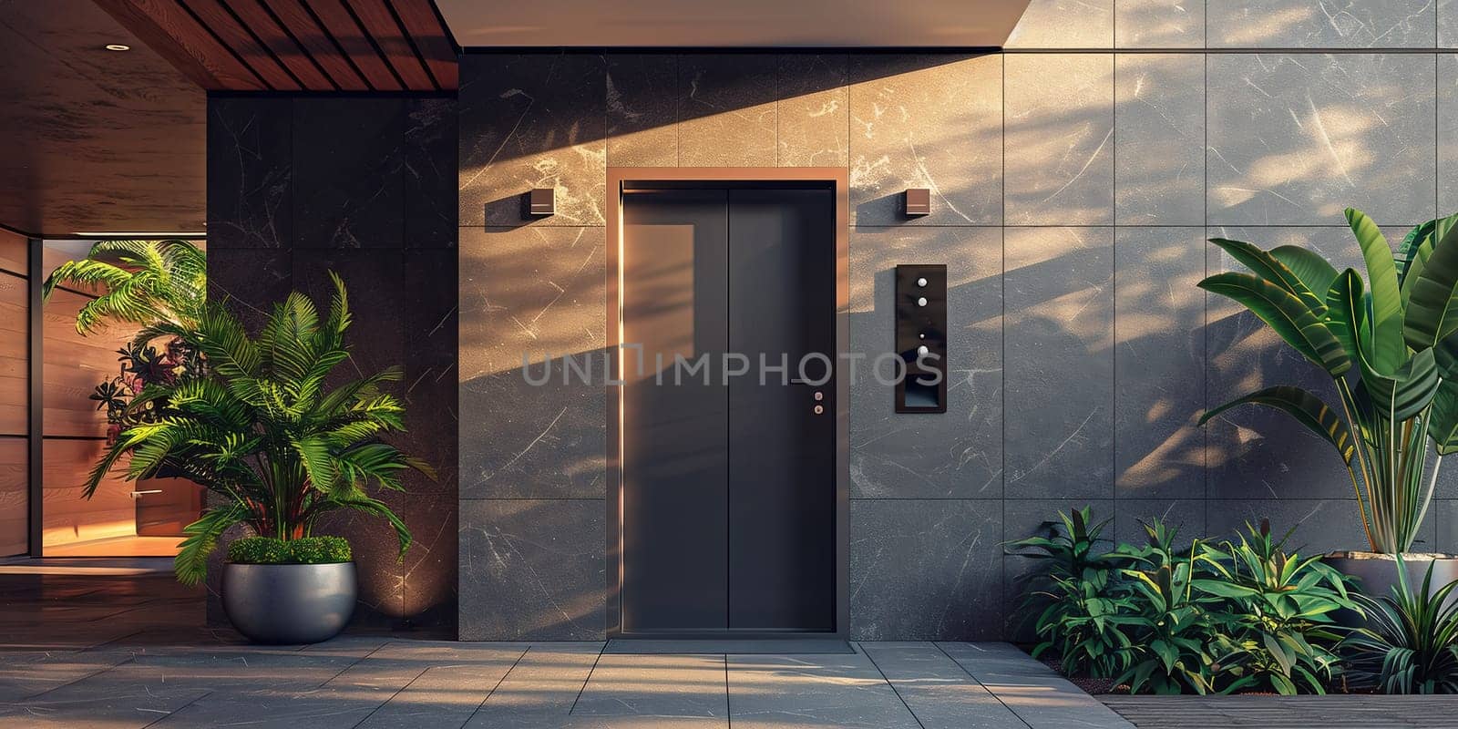 Massive wooden entrance door to modern white house with paving footpath in the city. New, modern architecture, exterior design by Andelov13