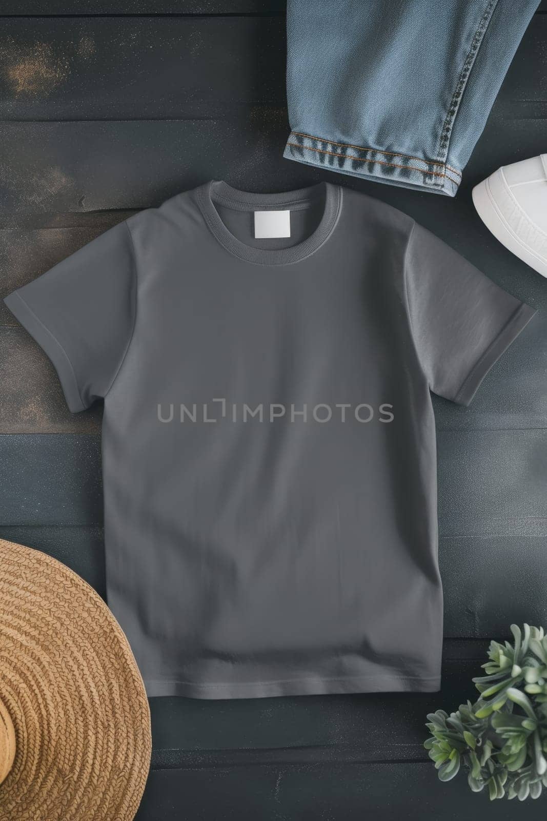 A mock-up of an empty black T-shirt with accessories on the table. lifestyle concept.