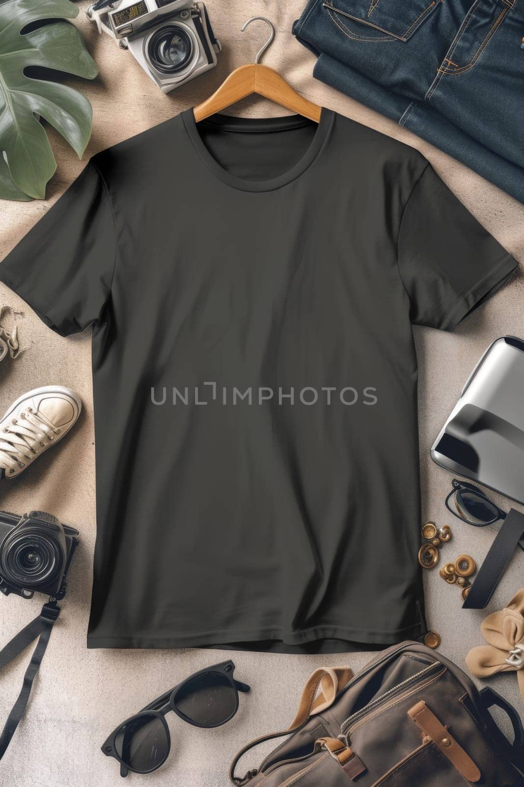 A mock-up of an empty black T-shirt with accessories on the table. lifestyle concept by Lobachad