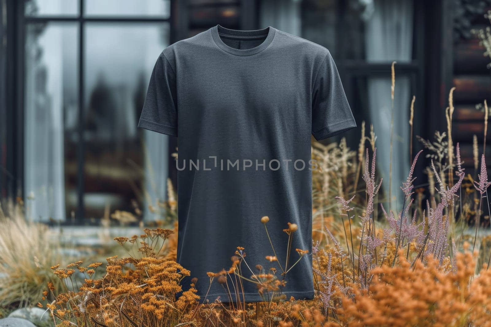 A mock-up of an empty black T-shirt is hanging in the air outside. lifestyle concept.