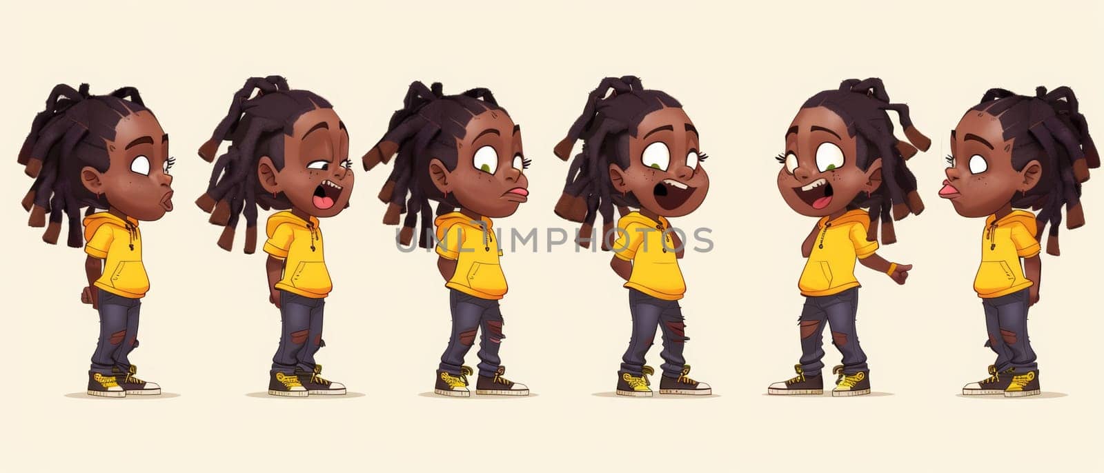 Girl with the African American dreadlocks and different positions of the lips and tongue during the pronunciation of English alphabet letters. Animation generator kit to sync talking and expressions.