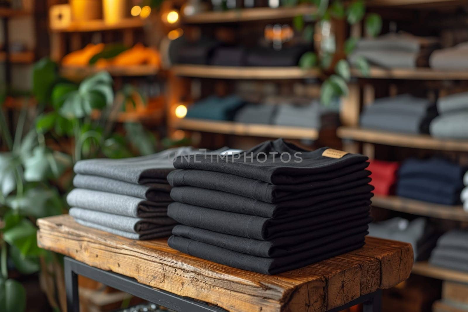 Stacked black T-shirts are on the table in the store. lifestyle concept.