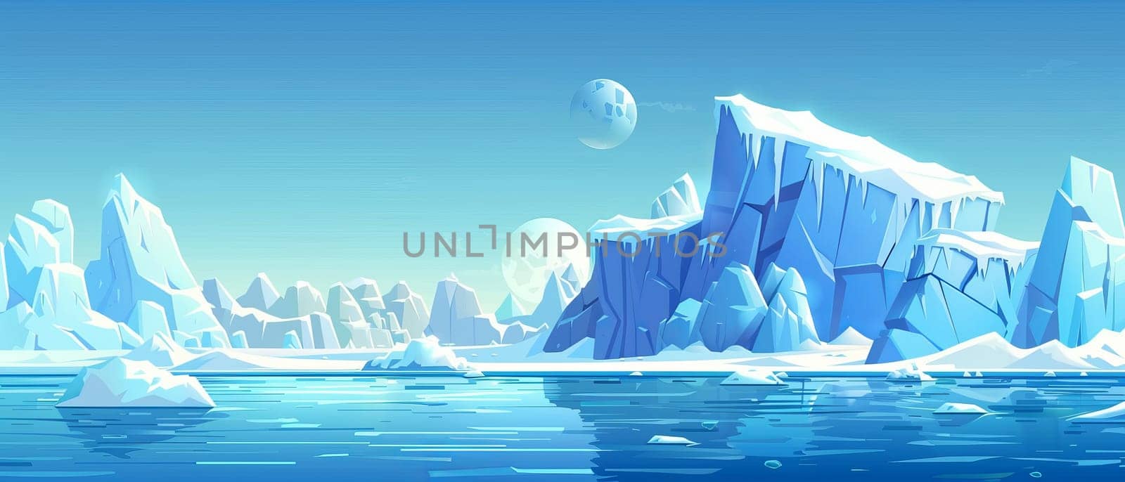 Arctic landscape with iceberg in the ocean or sea. Cartoon illustration of polar scenery with glacier snow mountains and ice blocks floating in water. Illustration of cold northern horizon with