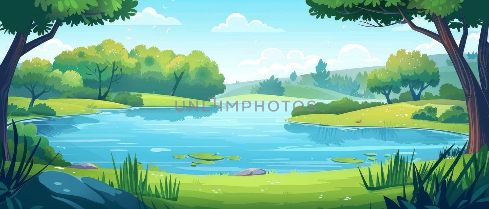 Cartoon modern summer forest landscape with lake. Small pond, bushes, trees and moss on the shore. Spring panorama nature scene of woodlands and reservoirs.