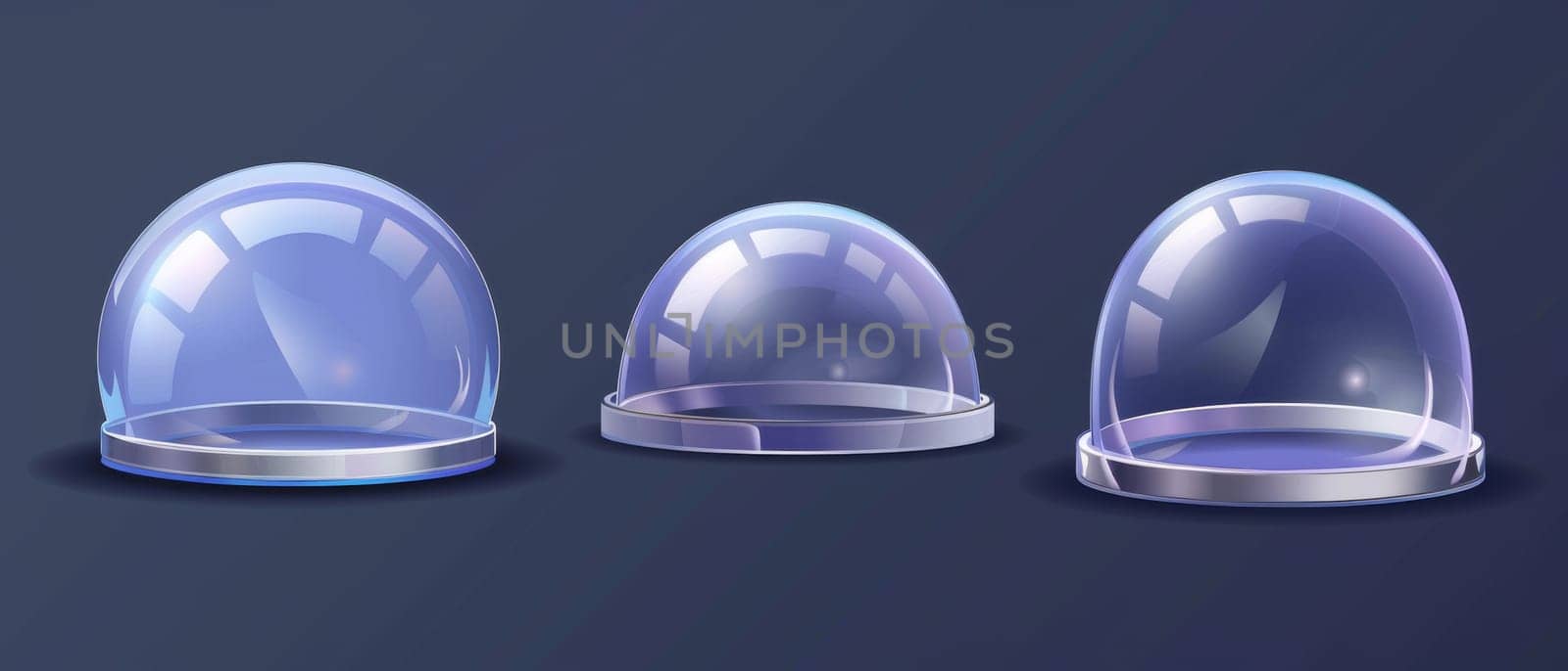 Transparent glass sphere dome cover. Shimmering plastic bubble shield painted in ball and cylinder shapes. Plexiglass container with empty jars. Empty crystal showcase.