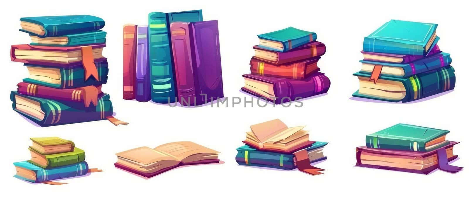 The piles of books with paper pages, colorful hardcovers, and bookmarks for reading and education concept. Cartoon modern illustration set featuring book stacks and singles.