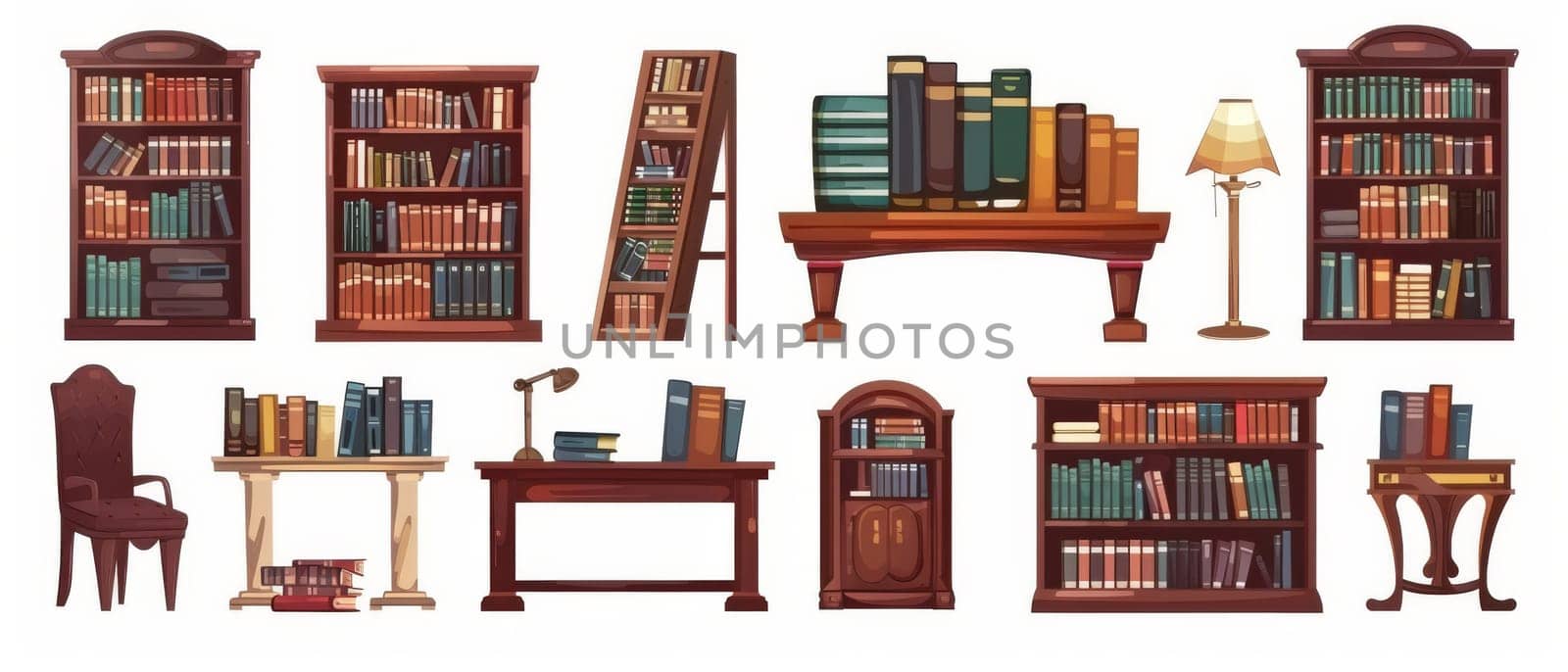 Bookcases, stacks, open shelves and wooden tables and chairs with lamps depict the contents of a public library as a cartoon illustration set.
