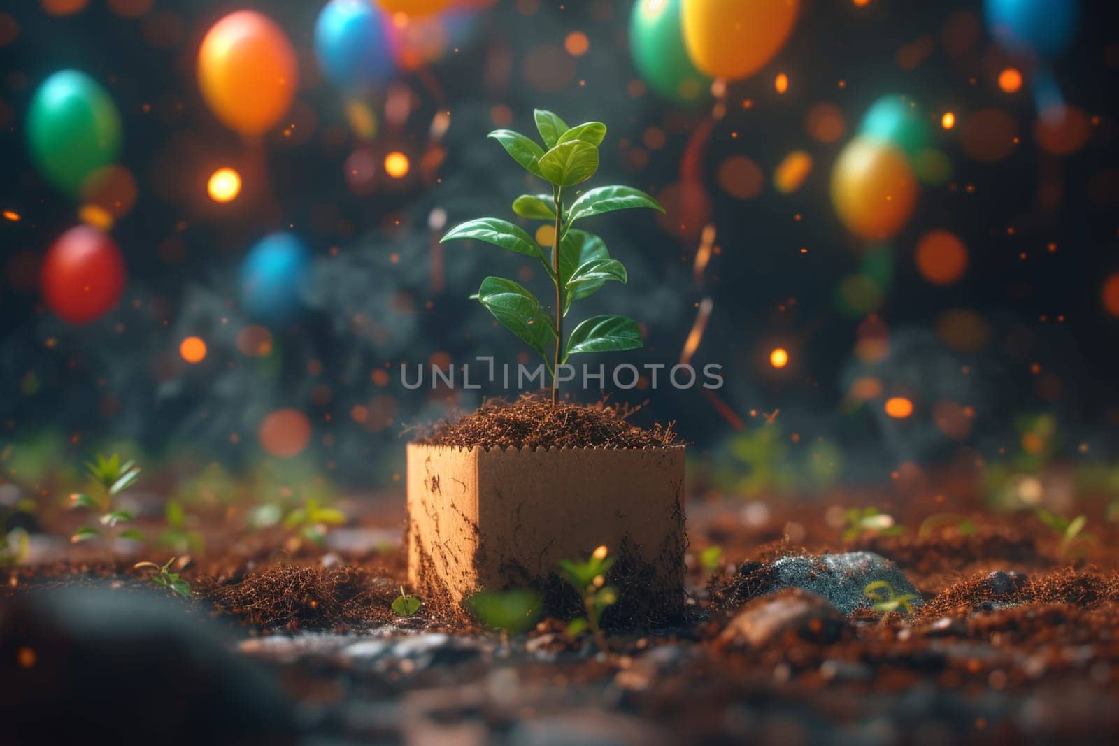 A young green plant in an eco-pot on the background of festive balloons , a germinating seed in a pot made of kraft paper.