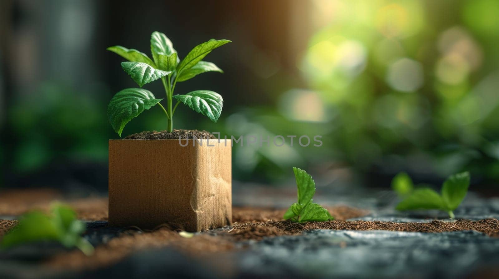 A young green plant in an eco-pot on the floor, a germinating seed in a craft paper pot.