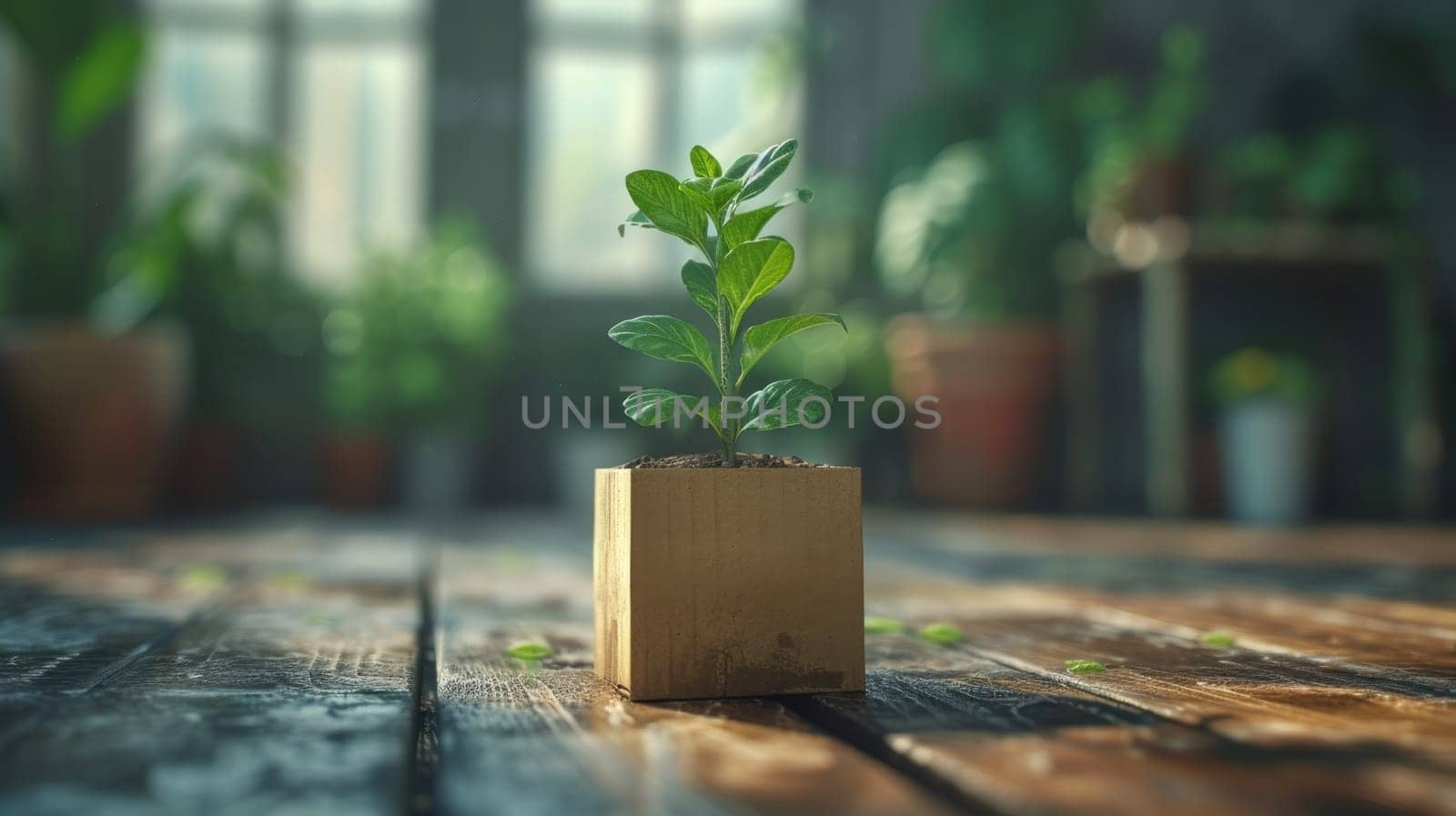 A young green plant in an eco-pot on the floor, a germinating seed in a craft paper pot.