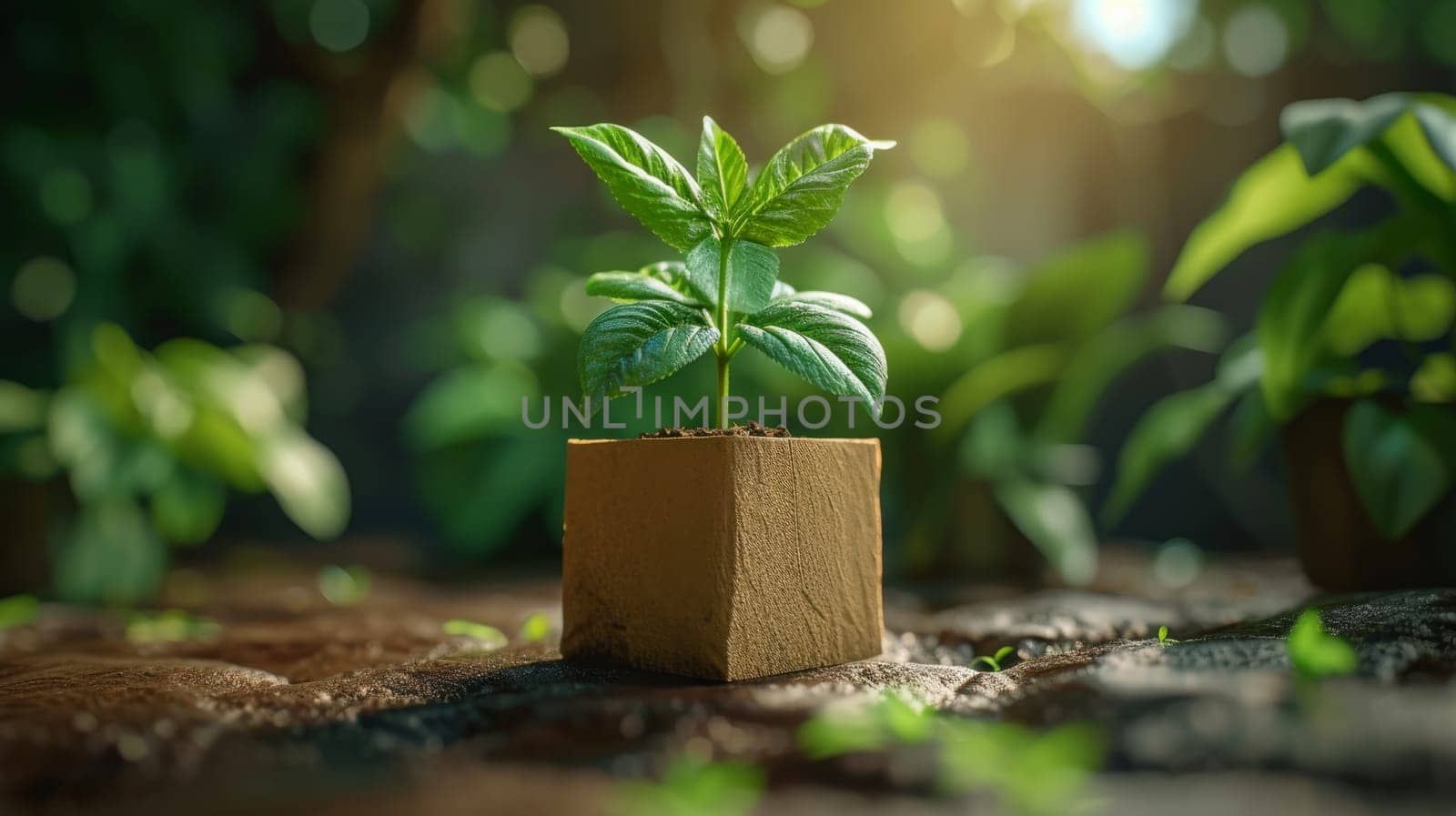 A young green plant in an eco-pot on the floor, a germinating seed in a craft paper pot.