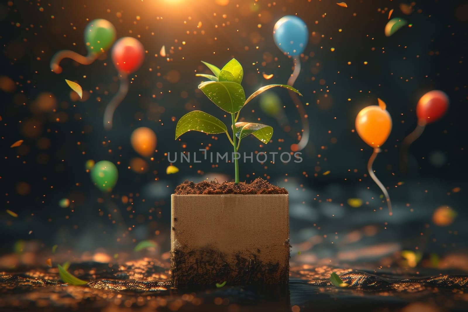 A young green plant in an eco-pot on the background of festive balloons , a germinating seed in a pot made of kraft paper.