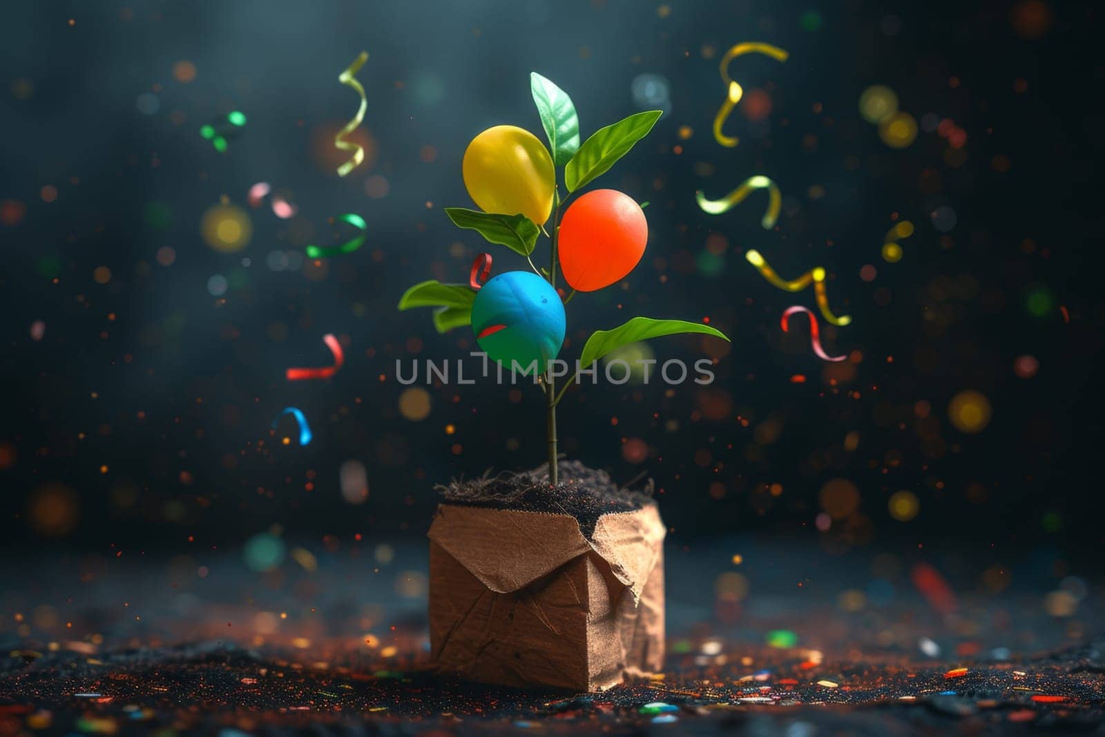 A young green plant in an eco-pot on the background of festive balloons , a germinating seed in a pot made of kraft paper.