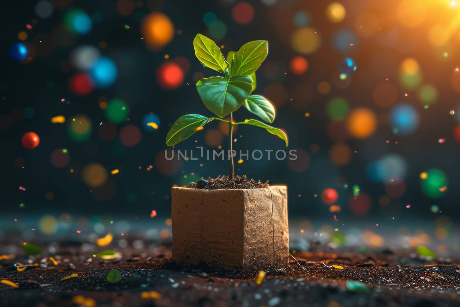 A young green plant in an eco-pot on the background of festive balloons , a germinating seed in a pot made of kraft paper.