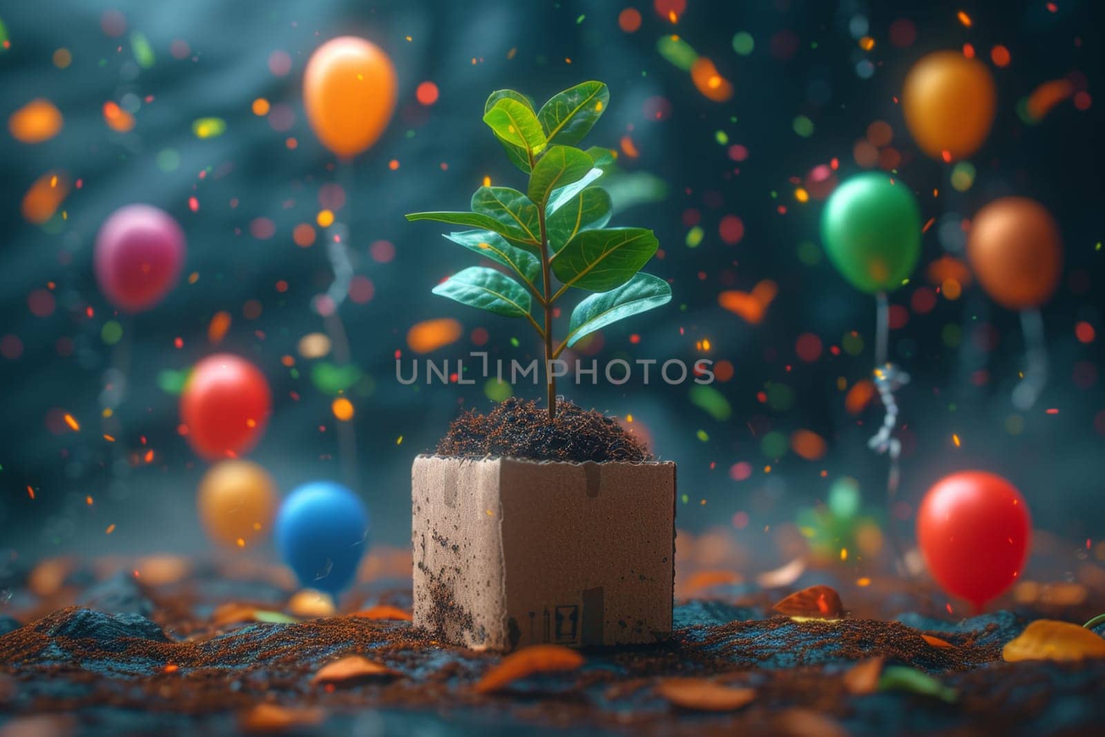 A young green plant in an eco-pot on the background of festive balloons , a germinating seed in a pot made of kraft paper.