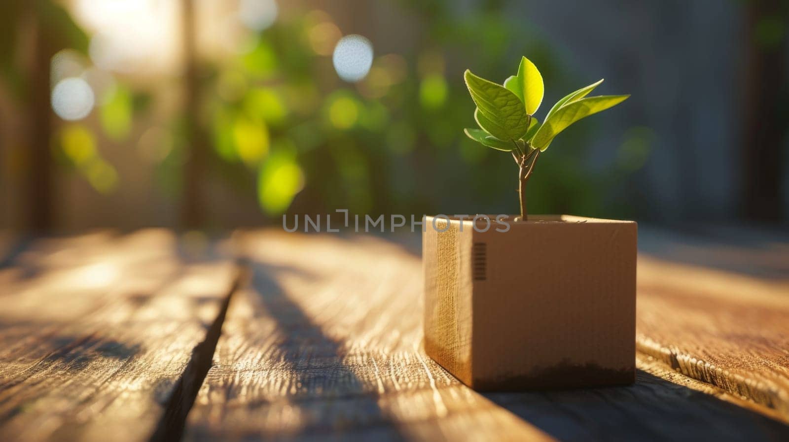 A young green plant in an eco-pot on the table, a germinating seed in a glass at sunset.