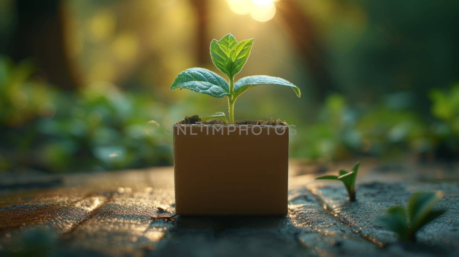 A young green plant in an eco-pot on the table, a germinating seed in a glass at sunset.