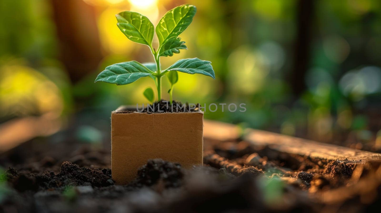 A young green plant in an eco-pot on the ground, a germinating seed in a glass at sunset.