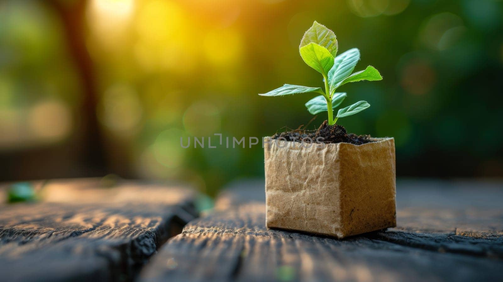 A young green plant in an eco-pot on the table, a germinating seed in a glass at sunset.