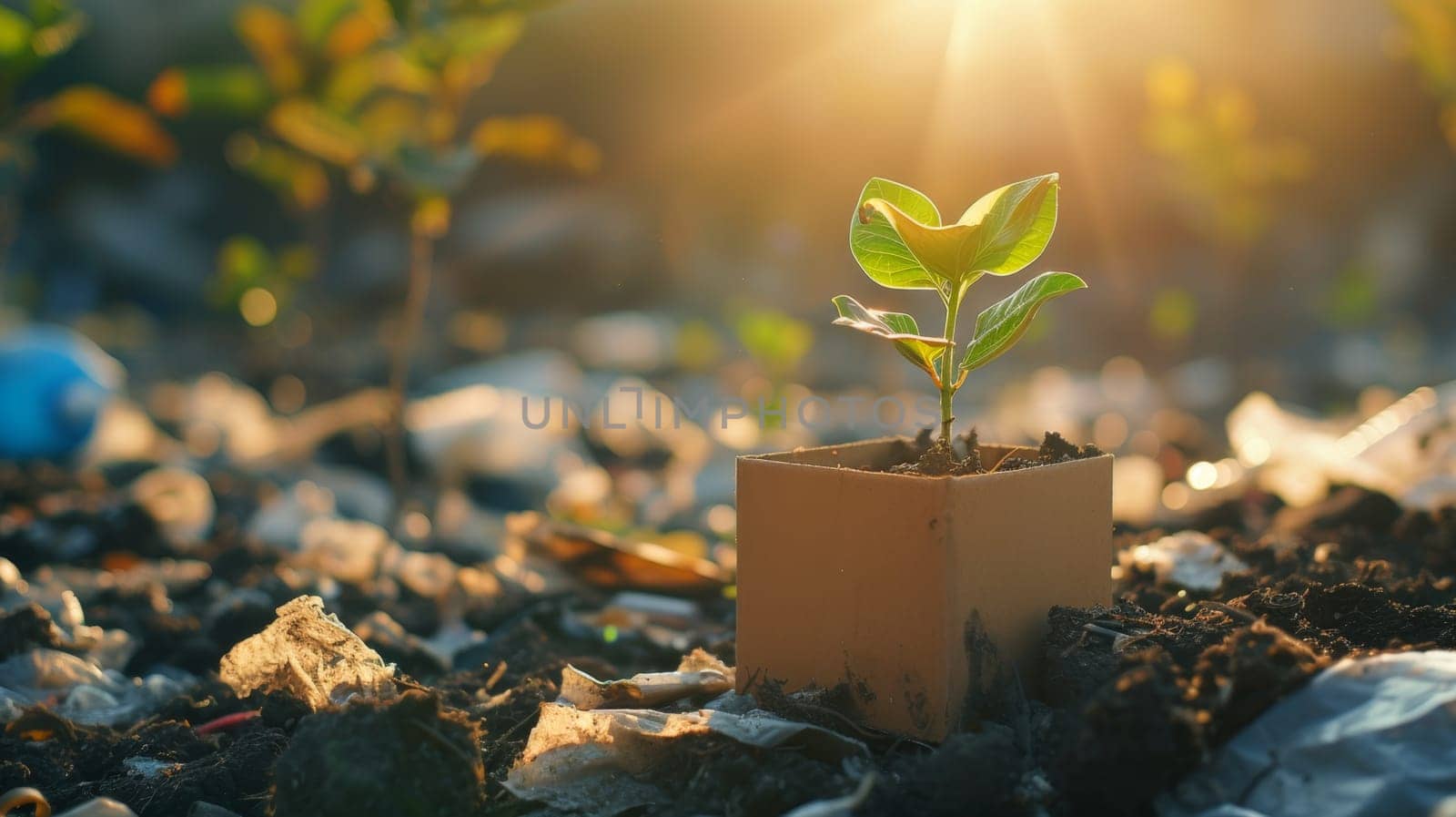 A young green plant in an eco-pot in a landfill, a germinating seed in a glass at sunset.