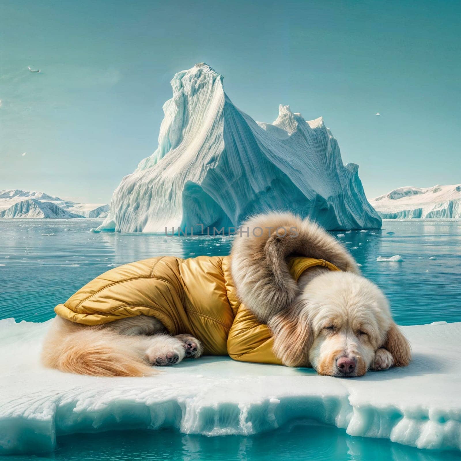 dog in yellow golden puffer lie on block of ice alone in middle of the ocean climate change poster by verbano