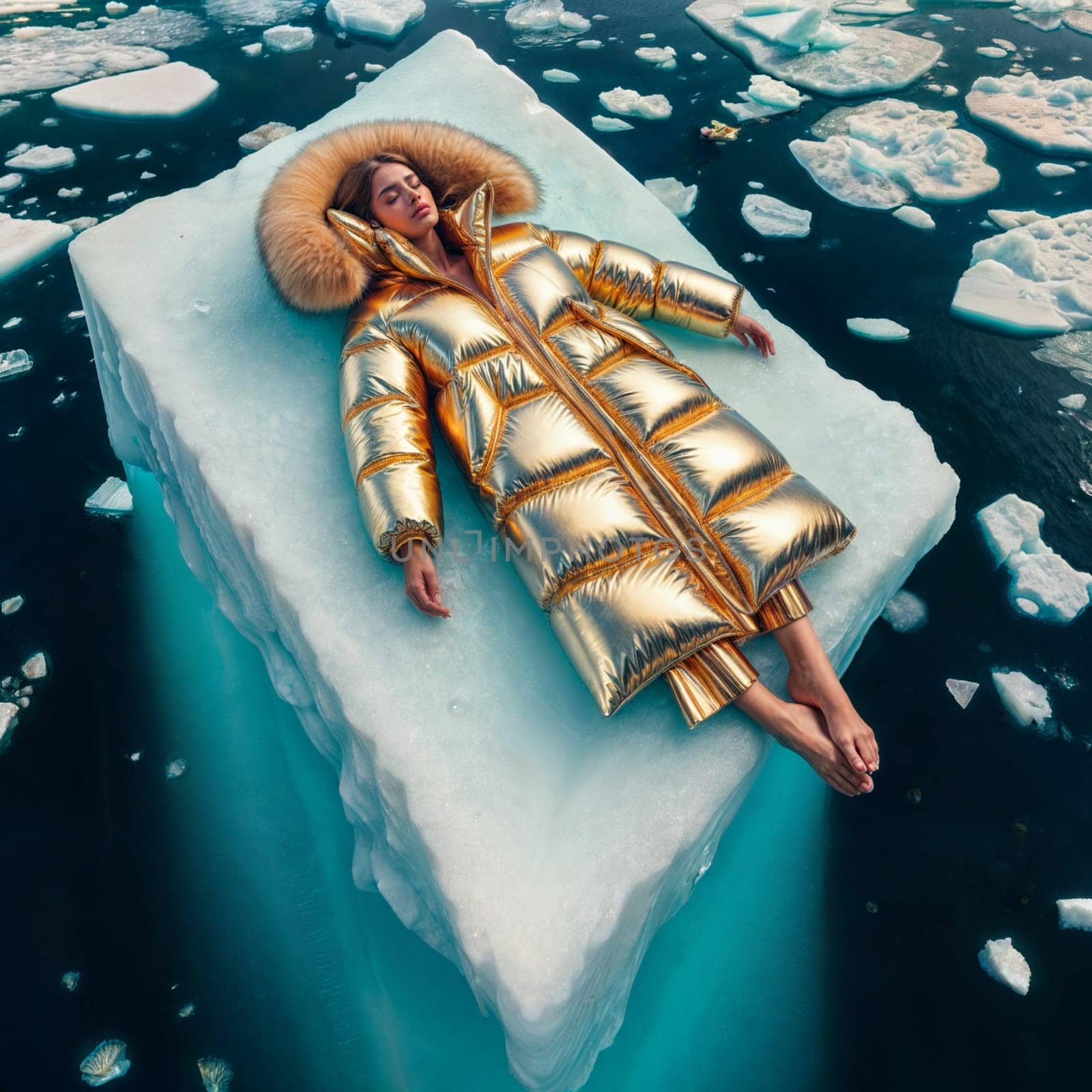 Woman in yellow golden puffer jacket lies on a block of ice alone in the middle of the ocean sea. Environmental issue, climate change agenda, AI generated