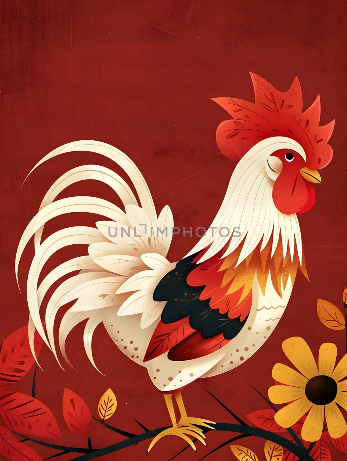 A Rooster, a member of the Phasianidae family of birds, is perched on a branch adorned with flowers and leaves, showcasing its vibrant Comb, Beak, Feathers, and Galliformes characteristics