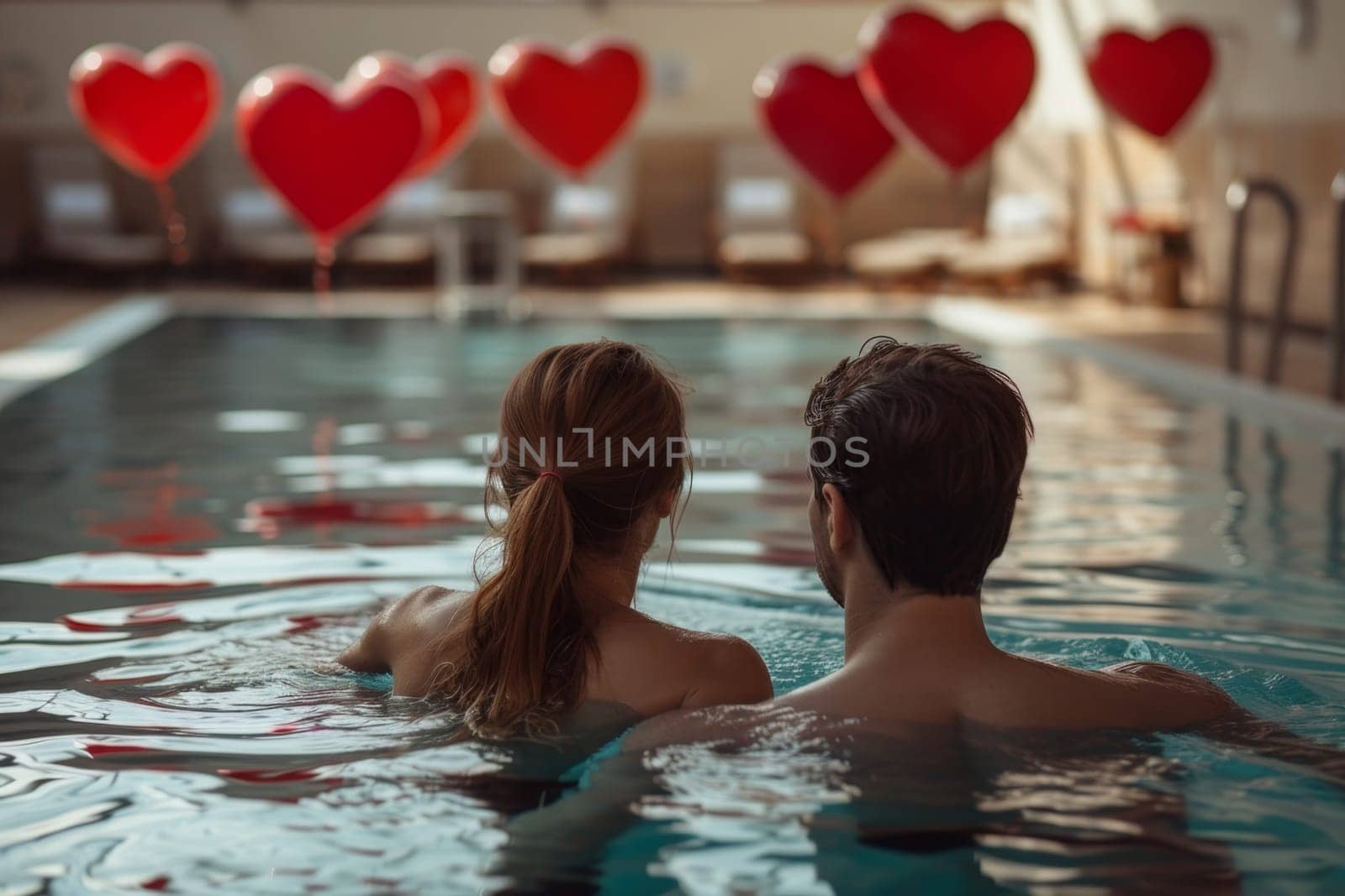 A couple in love is relaxing in a pool against a background of red balls in the form of hearts. Valentine's day.