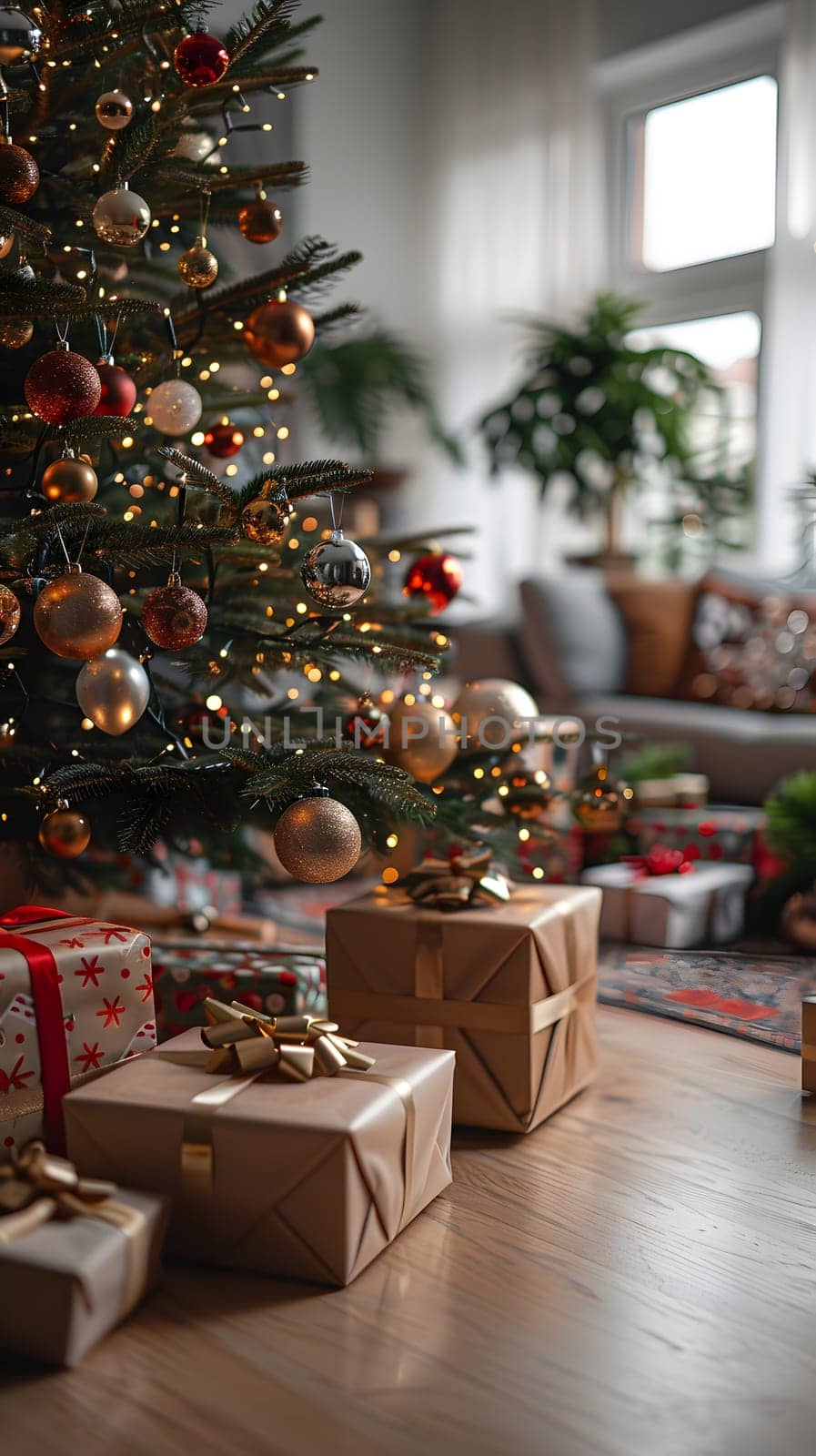 A beautifully decorated Christmas tree with ornaments and gifts underneath, adding warmth and festive charm to the living rooms interior design