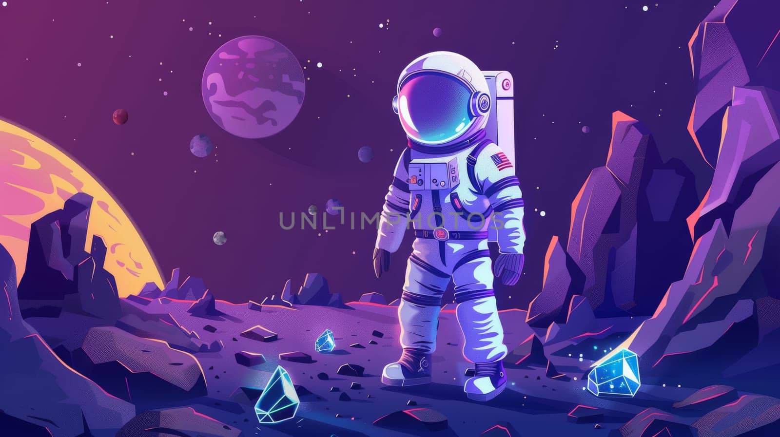 Modern cartoon illustration of astronaut exploring alien planet in far galaxy. Spaceman in suit and helmet on surface of planet with rocks, cracks, and glowing spots.