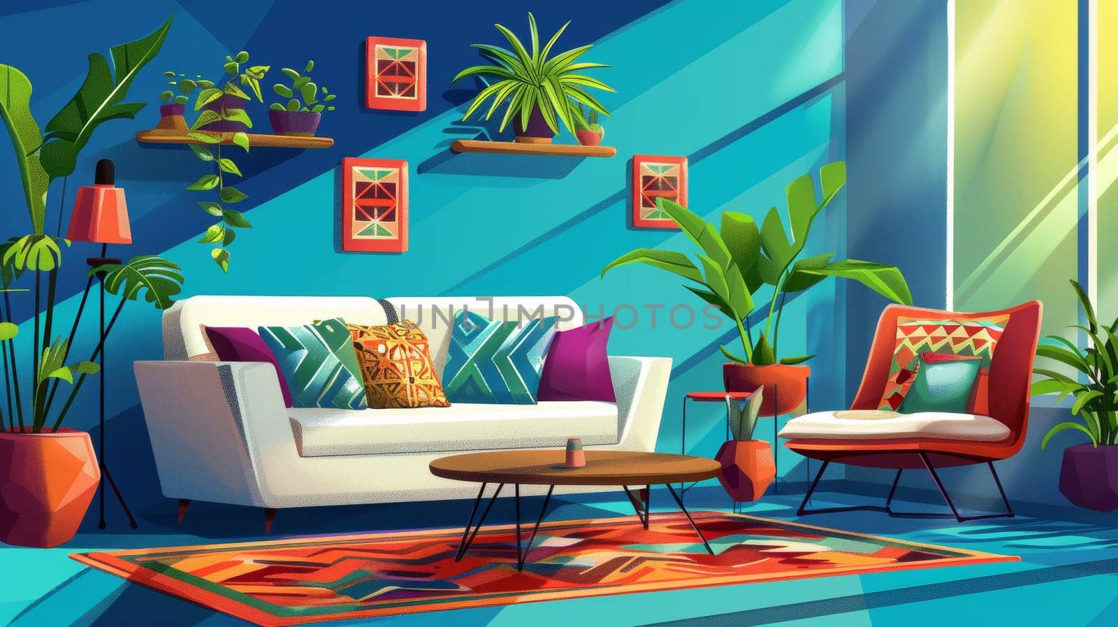In this bohemian living room interior with blue wall, sofa, coffee table and plants on shelves, you can see a carpet and armchair decorated with geometric shapes.