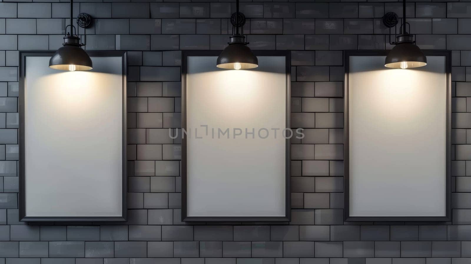 The aftermath of a movie poster gone dark. Modern mockup of a white picture in black frames on a gray tiled wall of a hallway, theater, or gallery.