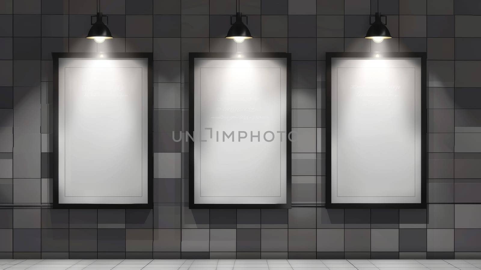 Modern realistic mockup of white picture with black frames on gray tiled wall in cinema, theater hallway or gallery. Empty advertising banners with lamps.