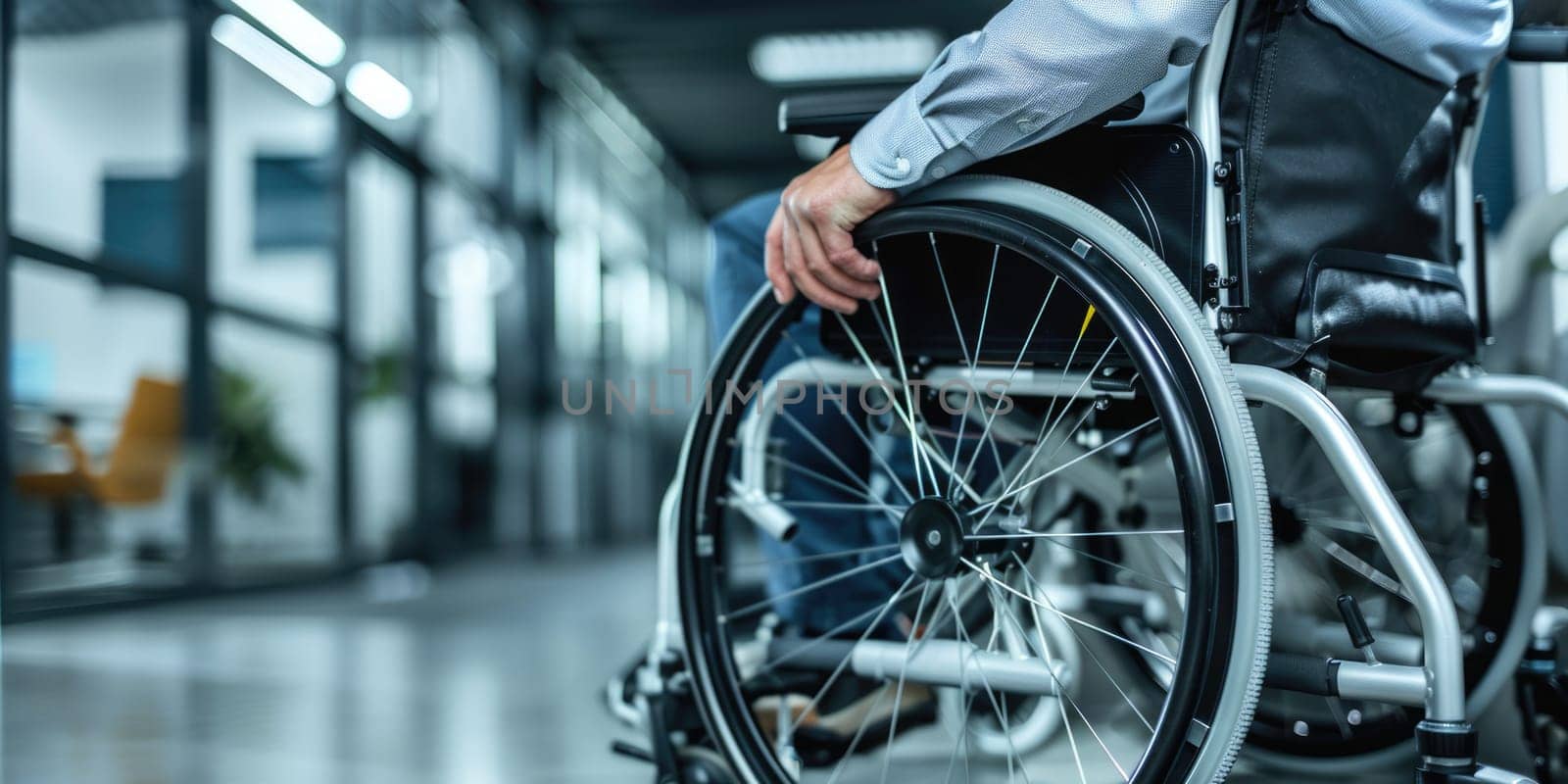 Close-up Of Businessman Sitting On Wheelchair In Office. ai generated