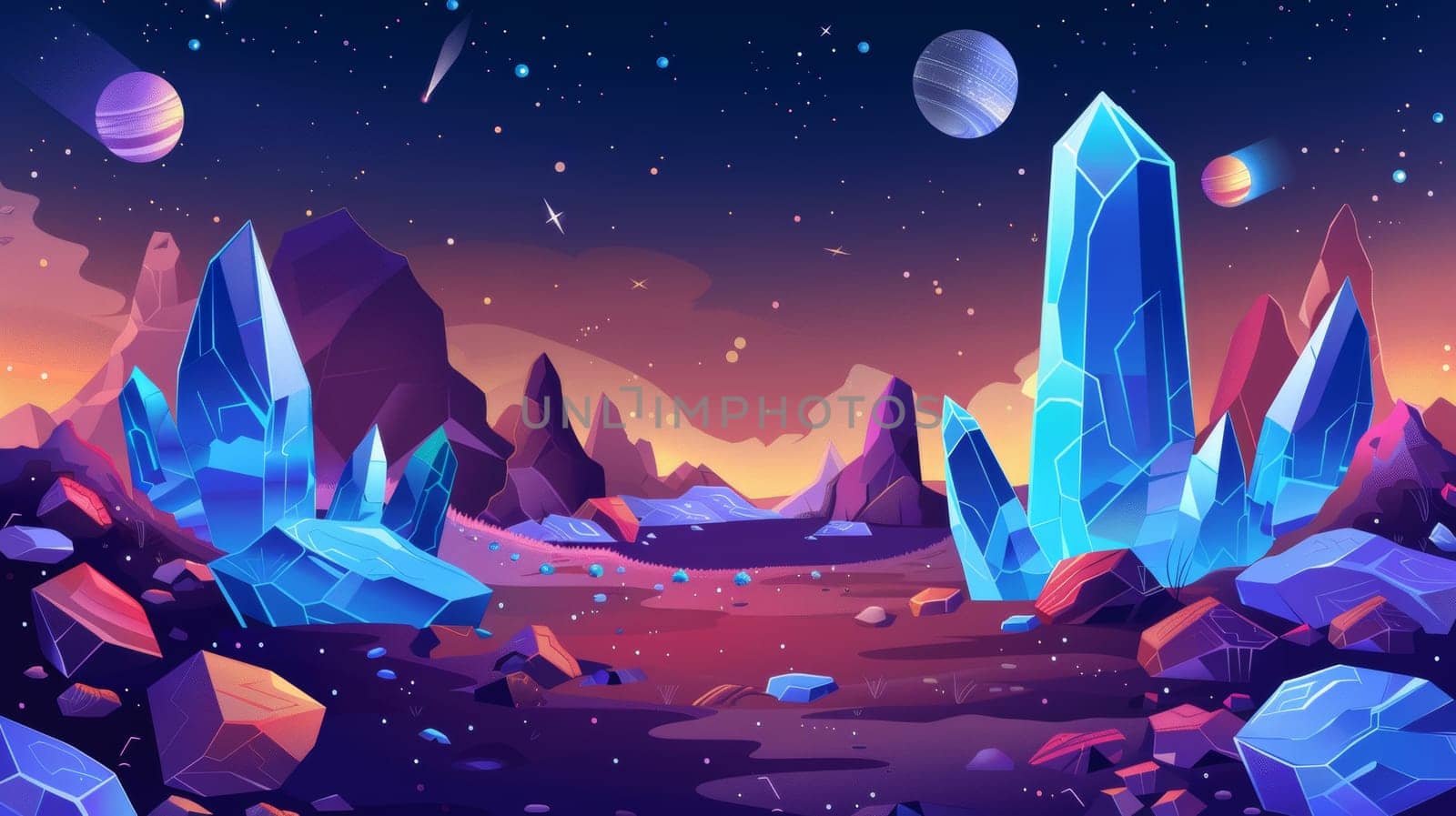 Space game background featuring alien planet landscape with rocks, shiney blue crystals, satellites, and stars in night sky.
