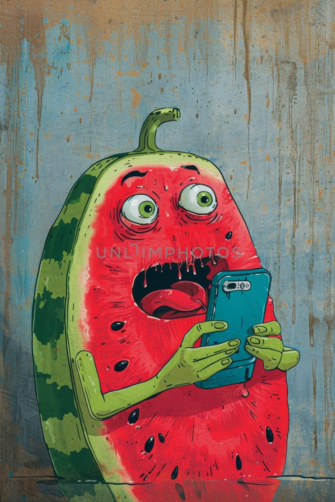 A surprised cartoon watermelon holds a smartphone in his hand, looks at the phone in surprise. Illustration.