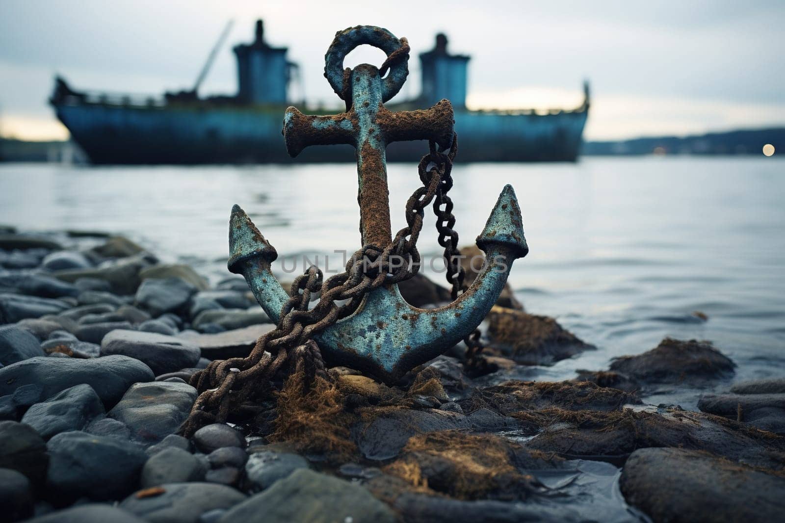 An old rusty anchor lies on the pebble shore.